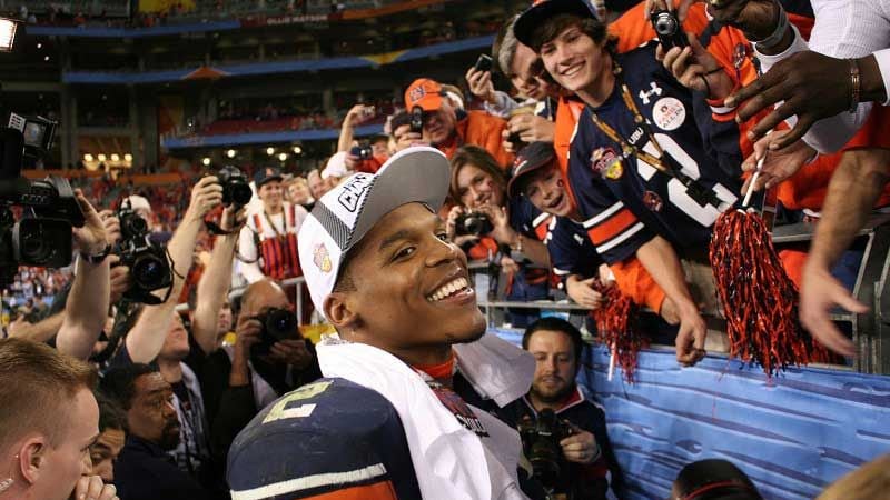 Cam Newton celebrates after the Auburn Tigers defeated the Oregon Ducks in the BCS...