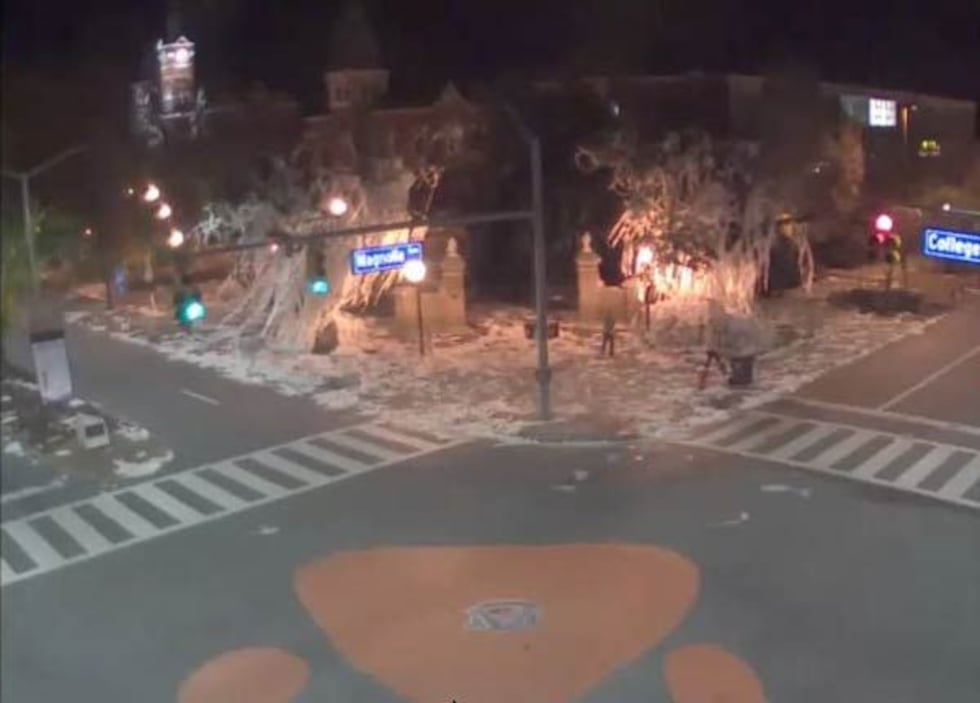 A screen shot from a webcam above Toomer's Corner shows the fire spreading through the trees.
