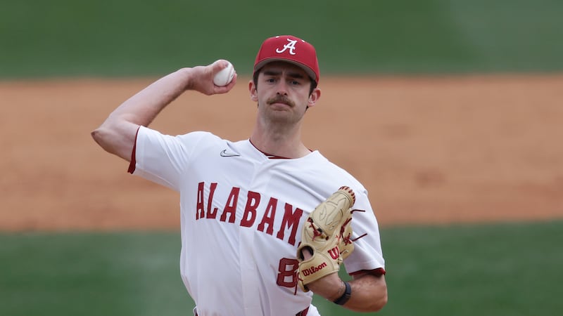 FILE - Alabama pitcher Tyler Fay (8) during an NCAA baseball game against Presbyterian on...
