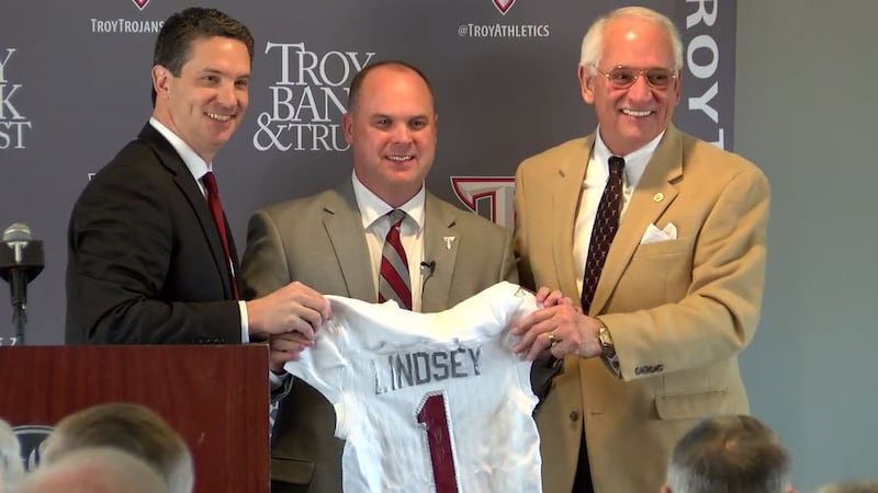 Troy Director of Athletics Jeremy McClain introduced Chip Lindsey as the university's head...