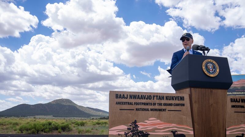 President Joe Biden speaks before signing a proclamation designating the Baaj Nwaavjo I'Tah...