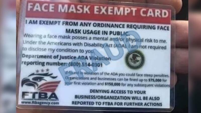 DOJ says face mask exemption cards are fake